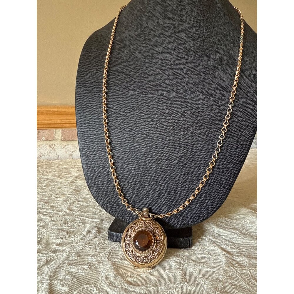 Avon Vintage Gold-Tone Locket Necklace With Brown Gemstone Pendant